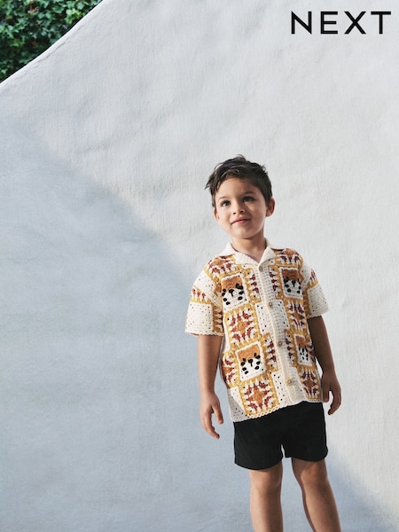 Orange/Neutral Tiger Crochet Revere Collar Short Sleeve Knitted Polo Shirt (3mths-7yrs) (AL5124) | 741 UAH - 823 UAH