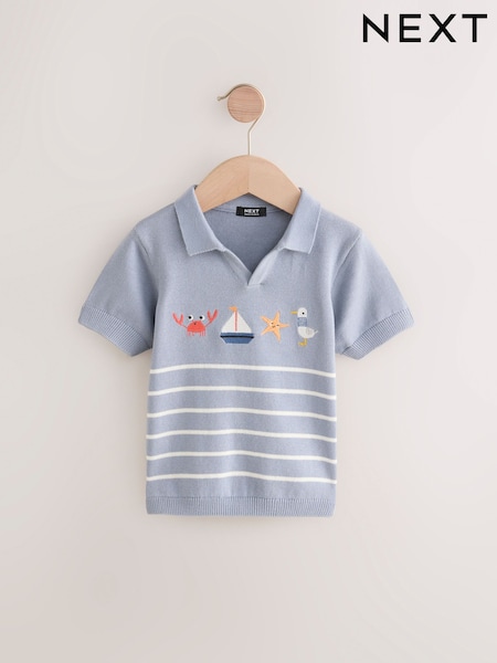 Blue Beach Stripe 100% Cotton Trophy Neck Short Sleeve Knitted Polo Shirt (3mths-7yrs) (AL5127) | 535 UAH - 618 UAH