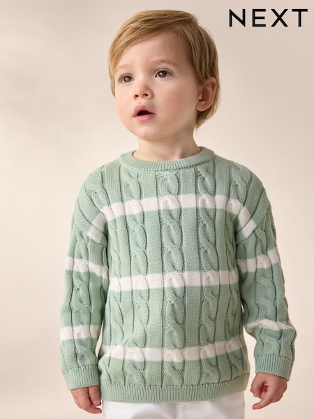 Sage Green Stripe Cable Knit Crew Neck Jumper (3mths-7yrs) (AL5129) | SGD 24 - SGD 28