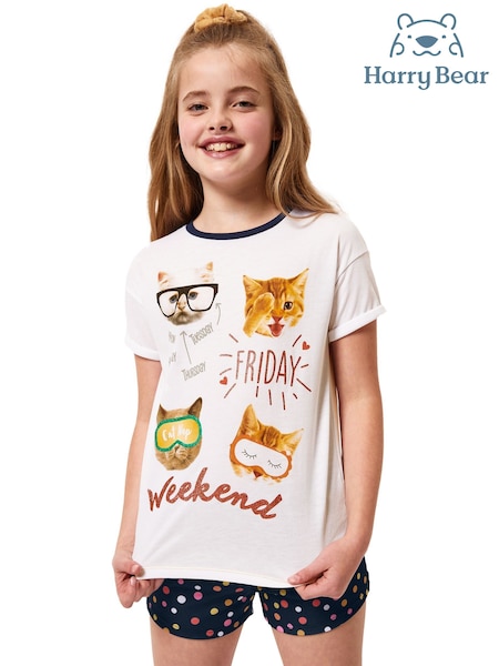 Harry Bear White Cat Weekend Short Pyjamas (AL5152) | €21