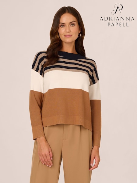 Adrianna Papell Dropped Shoulder Boat Neck Colour Blocked Long Sleeve Sweater (AL5197) | AED285