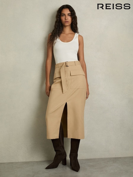 Reiss Camel Oakley Cargo Pencil Skirt With Cotton (AL5278) | ₪933