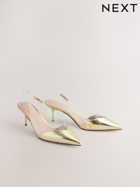 Gold Forever Comfort® Point Toe Detail Vinyl Slingback Heels (AL5333) | 162 QAR