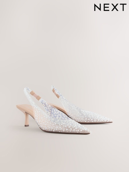 White Forever Comfort® Point Toe Vinyl Jewel Detail Sling Back Heels (AL5343) | EGP2,640
