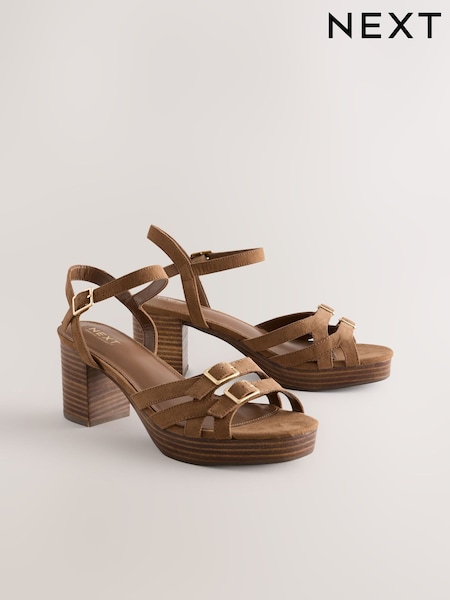 Tan Brown Forever Comfort® Round Toe Low Strap Buckle Detail Platform Sandals (AL5349) | €66