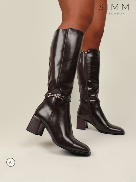 Brown - Simmi London Romee Knee High Gold Detail Block Heeled Boots