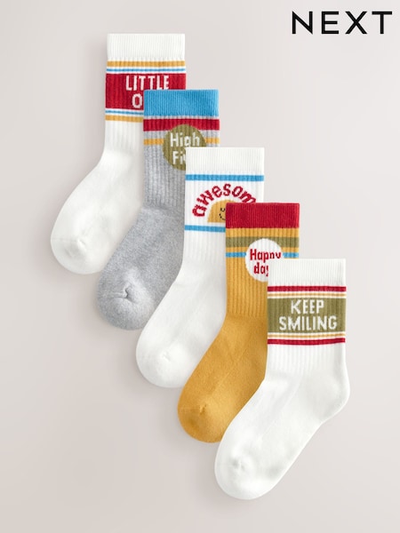 Ecru/Mustard/Red Retro Slogan Print Rich Socks 5 Pack (AL5373) | €9 - €12