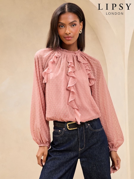 Lipsy Pink Ruffle Trim Dobby Fabric Blouse (AL5483) | €45