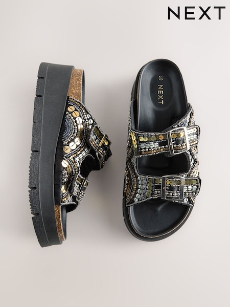 Gold Forever Comfort® Beaded Platform Buckle Detail Footbed Wedge Shoes (AL5557) | ₪197