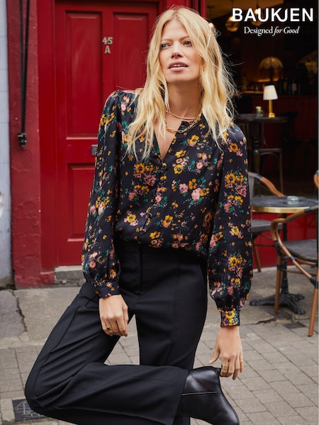 Baukjen Meadow Satin Printed Black Blouse (AL5582) | 7,750 UAH