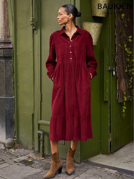 Baukjen Burgundy Red Philippa Corduroy Midi Cotton Dress (AL5589) | €102