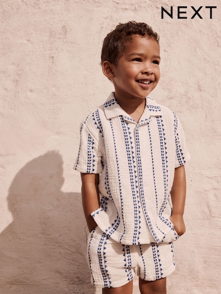 White & Blue Stripe Shirt & Short Set 100% Cotton Short Sleeves Revere Collar Textured Shirt & Shorts Set (3mths-7yrs) (AL5633) | SGD 37 - SGD 45