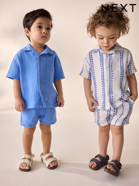 Blue/White Shirt & Short Set 100% Cotton Short Sleeves Revere Collar Textured Shirt & Shorts Set (3mths-7yrs) (AL5634) | €57 - €69