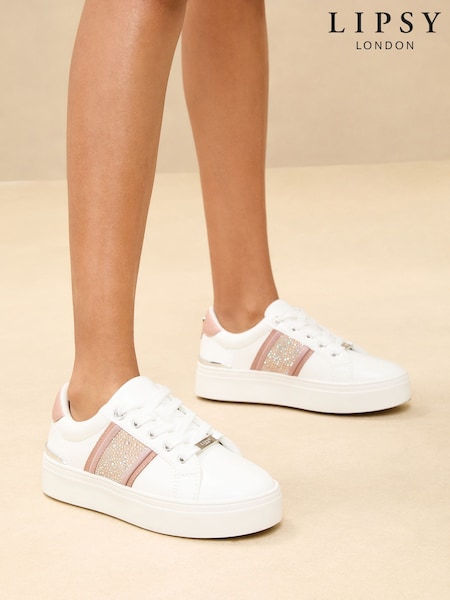 Lipsy Rose Gold Standard Fit Flat Chunky Flatform Stripe Lace Up Trainers (AL5637) | ₪241