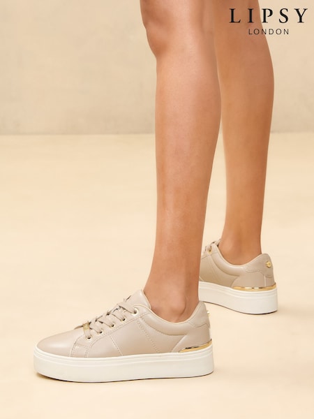 Lipsy Nude Standard Fit Flat Chunky Flatform Stripe Lace Up Trainers (AL5638) | R$ 455