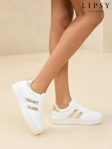 Золотой - Lipsy Flat Chunky Flatform Lace Up Stripe Faux Leather Trainers (AL5640) | €60