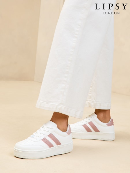 Blush Rosa - Lipsy Flat Chunky Flatform Lace Up Stripe Faux Leather Trainers (AL5641) | kr950