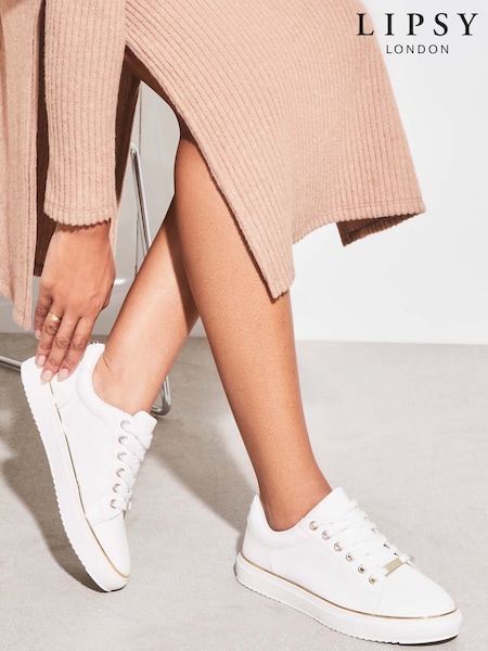 Lipsy White Wide Fit Flat Chunky Lace Up Faux Leather Trainers (AL5651) | €52