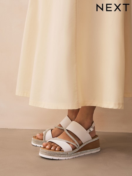 White Extra Wide Fit Forever Comfort® Leather Bling Detail Slingback Sports Wedge Sandals (AL5758) | R$ 435