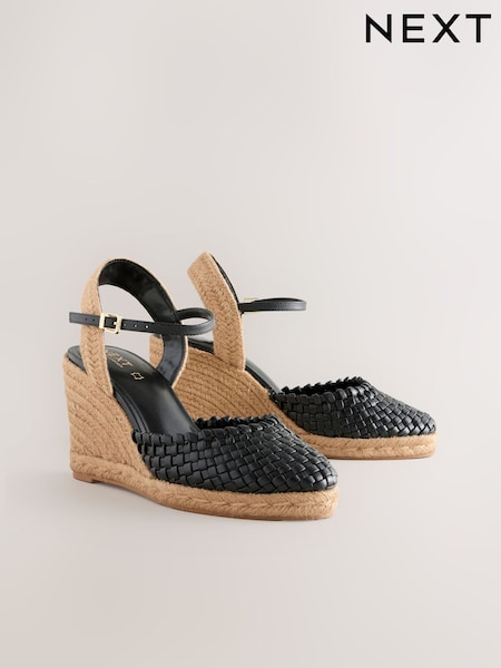 Musta - Forever Comfort ® Nahka Pyöreä Toe Weave Detail Espadrilles Kiilakorkokengät (AL5763) | €96