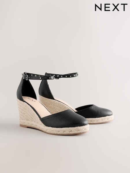Black Forever Comfort® Round Toe Espadrille Stud Detail Wedges (AL5770) | €46