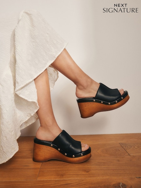 Black Signature Premium Leather Round Peep Toe Stud Plaform Clog Wegdes (AL5782) | €98.50