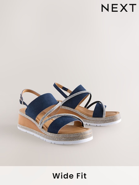 Navy Blue Standard/Wide Fit Forever Comfort® Leather Bling Detail Slingback Sports Wedge Sandals (AL5783) | R$ 435