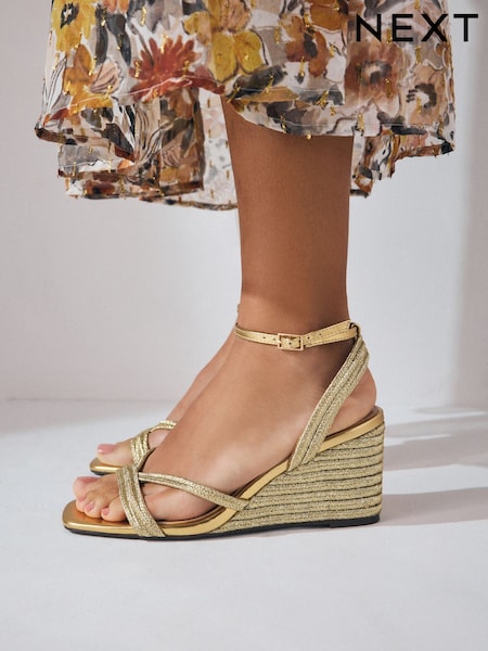Золотой - Forever Comfort® Square Toe Strappy Espadrille Wedges (AL5784) | €45