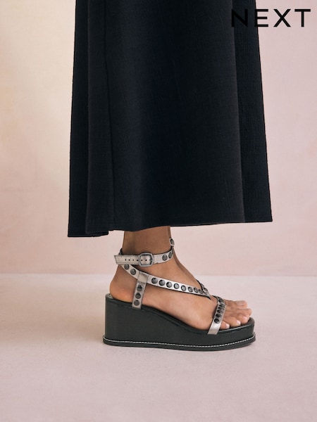Antracit - Forever Comfort® Leather Square Toe Hardware Detail Strappy Wedges (AL5788) | 358 LEI