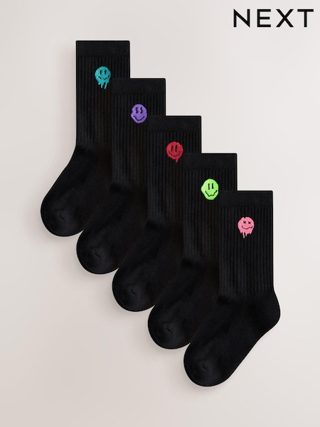 Black Smiley Cushioned Footbed Cotton Rich Ribbed Socks 5 Pack (AL5797) | €12 - €13