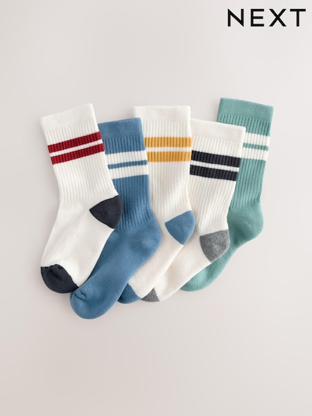 Ecru/Blau/Mineral - Cushioned Footbed Cotton Rich Ribbed Tipped Socks 5 Pack (AL5800) | 10 € - 14 €