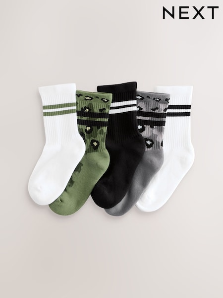 Khaki Camo-Leoprint - Cushioned Footbed Cotton Rich Ribbed Tipped Socks 5 Pack (AL5814) | 11 € - 16 €