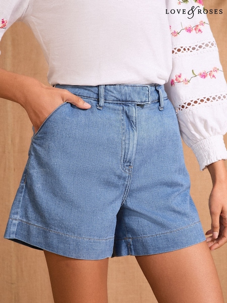 Albastru decolorat - Love & Roses Light Weight Extended Tab Tailored 100% Cotton Shorts (AL5827) | 238 LEI