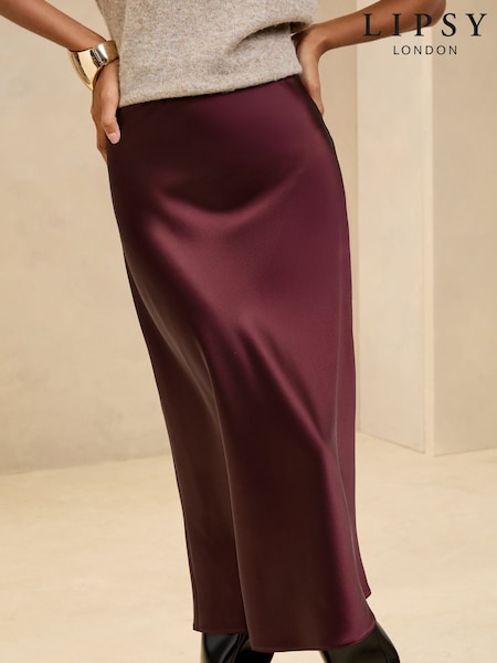 Lipsy Burgundy Red Satin Bias Cut Midi Skirt (AL5843) | €29