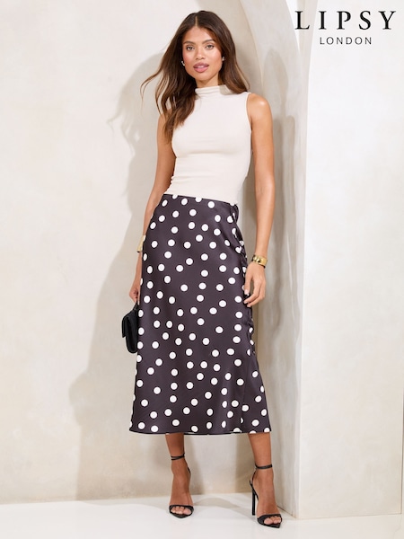 Lipsy Spot Print Petite Satin Bias Cut Midi Skirt (AL5847) | €32