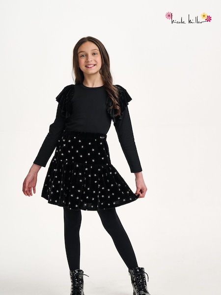 Nicole Miller Ruffle Trims Sleeve Long Sleeve 100% Cotton Black T-shirt (AL5888) | AED73 - AED81