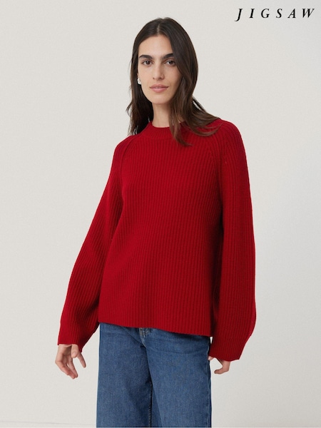 Jigsaw Red Fishermans Pure Wool Rib Crew Jumper (AL5914) | AED422