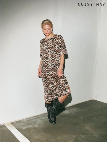 NOISY MAY Natural Leopard Print Oversized Midi T-Shirt Dress (AL6095) | €28