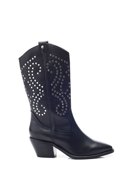 Moda in Pelle Black Serres Leather Long Western Boots With Stud Embellishments (AL6148) | AED463
