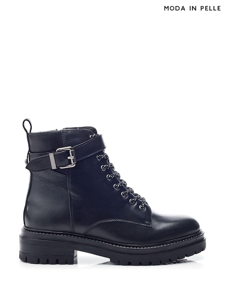 Moda in Pelle Omola Chunky Leather Ankle Black Boots With Lace up Front and Buckle Strap (AL6180) | R$ 980