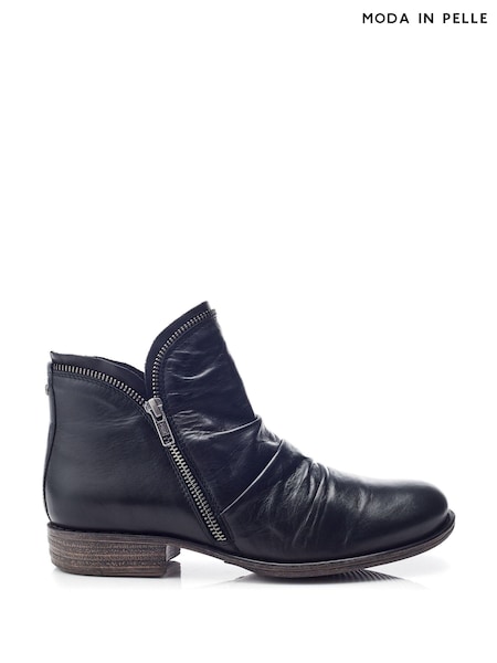 Moda in Pelle Orelie Exposed Zip Rouched Leather Ankle Black Boots (AL6184) | €185