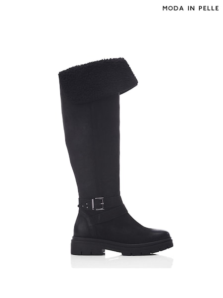 Moda in Pelle Indiie Over the Knee Chunky Sole Buckle Detail Long Black Boots (AL6194) | AED637