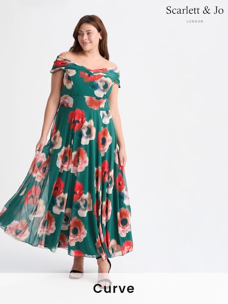 Grün - Scarlett & Jo Bardot Teal Red Print Maxi Dress (AL6444) | 148 €