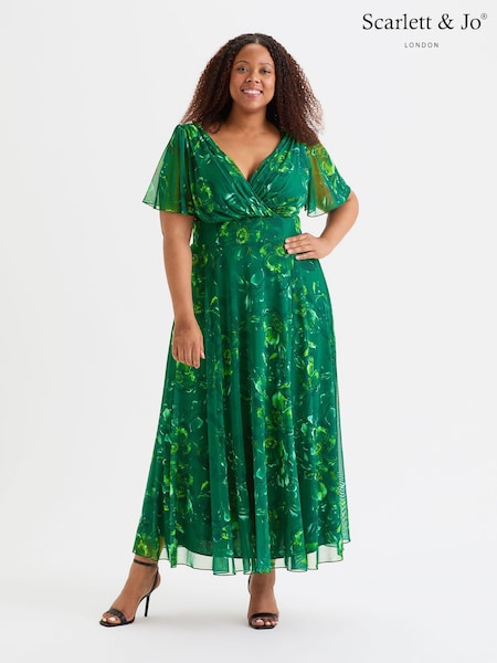 Scarlett & Jo Green Isabelle Winter Print Float Sleeve Maxi Dress (AL6452) | 470 QAR
