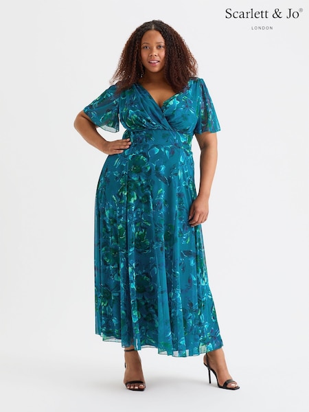 Scarlett & Jo Blue Isabelle Winter Print Float Sleeve Maxi Dress (AL6455) | $166