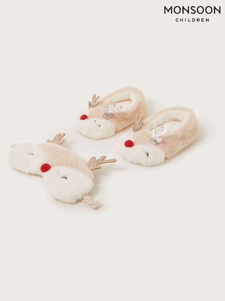 Monsoon Natural Fluffy Reindeer Slippers and Mask Set (AL6540) | AED109 - AED119