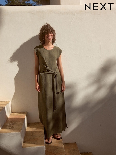 Зеленый хаки - Textured Tie Waist T Dress (AL6541) | €36