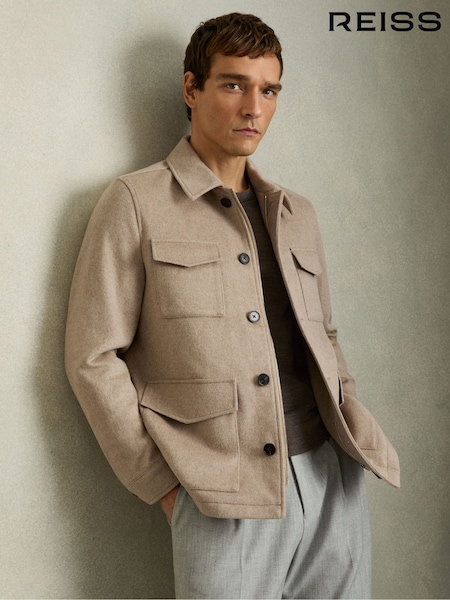 Reiss Oatmeal Melange Graze Wool-Blend Zip-Through Four-Pocket Jacket (AL6655) | €395