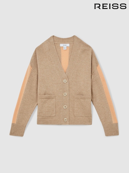 Camel - Reiss Juni Wool-Blend Stripe-Detail Cardigan With Cashmere (AL6666) | € 57