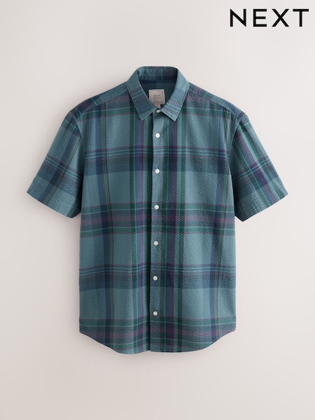 Blue/Green Madras Regular Fit 100% Cotton Check Seersucker Short Sleeve Smart Shirt (AL6717) | €37